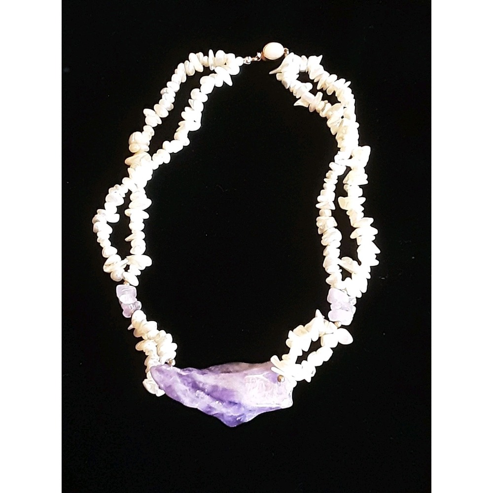 Statement Necklace Purple Amethyst Mother Pearl Beads Double Strand 14k GF Clasp